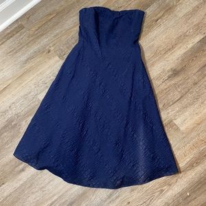 Navy blue, strapless tea dress